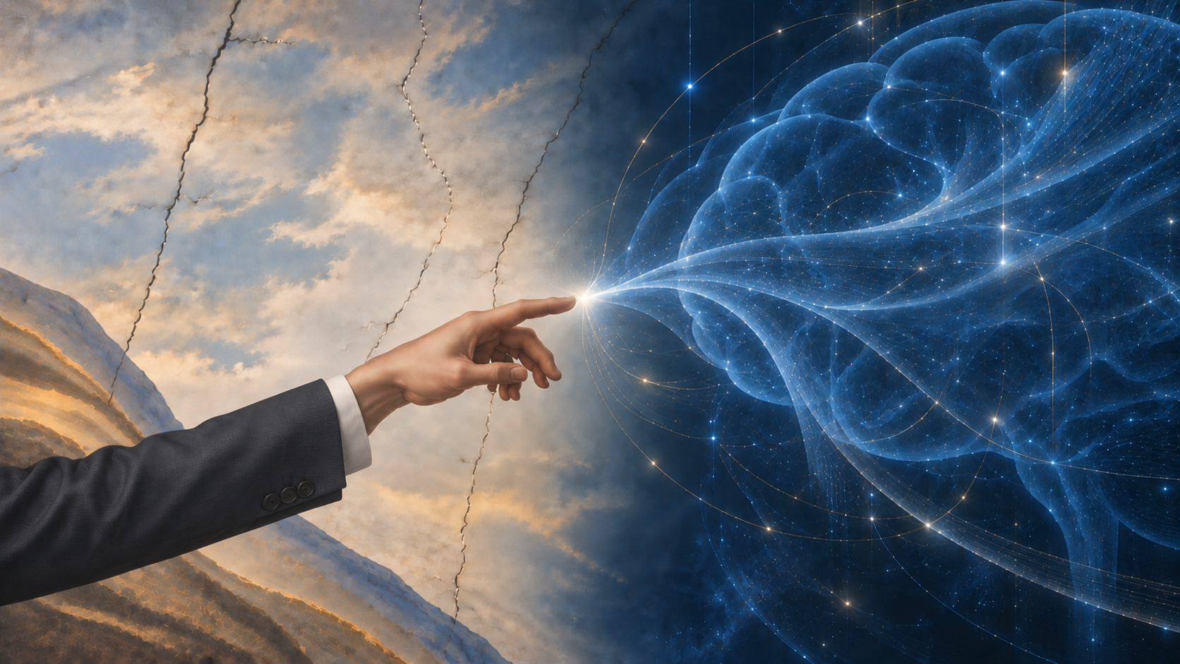 A human hand reaching toward a luminous neural form